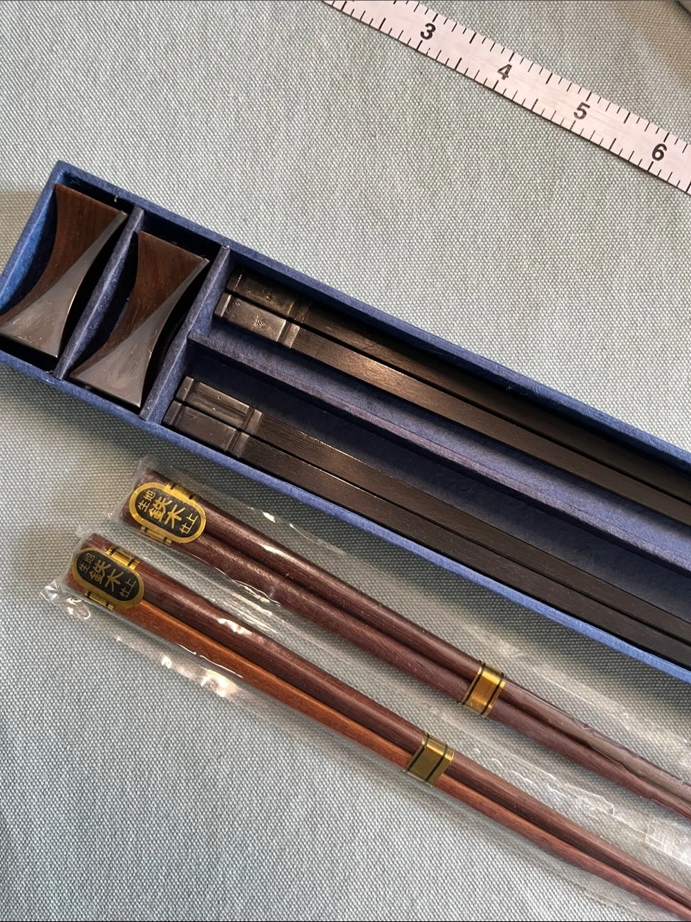 Traditional Brown Wooden Chopsticks Set with Blue Case